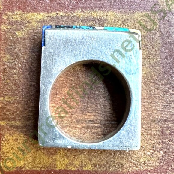 Vintage Sterling Silver Turquoise Inlay Square Ring Navajo Larry Castillo 7.5 - Picture 4 of 13